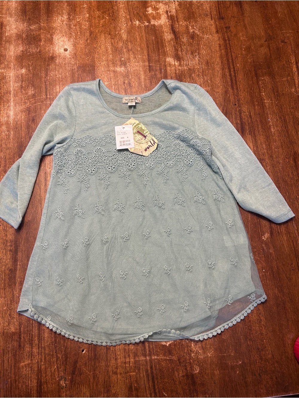 NWT One World Boho Cowgirl Fairy Blue Crochet Lace-Trim Women's Mesh Knit Top